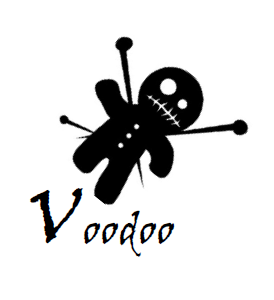 a black and white drawing of a voodoo doll and the word 'Voodoo!'.
